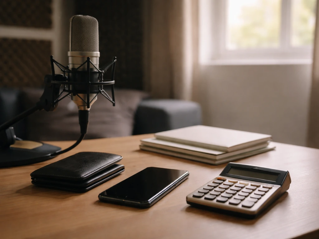 Studio desk with microphone, phone, wallet, and calculator symbolizing royalty and income estimate inputs