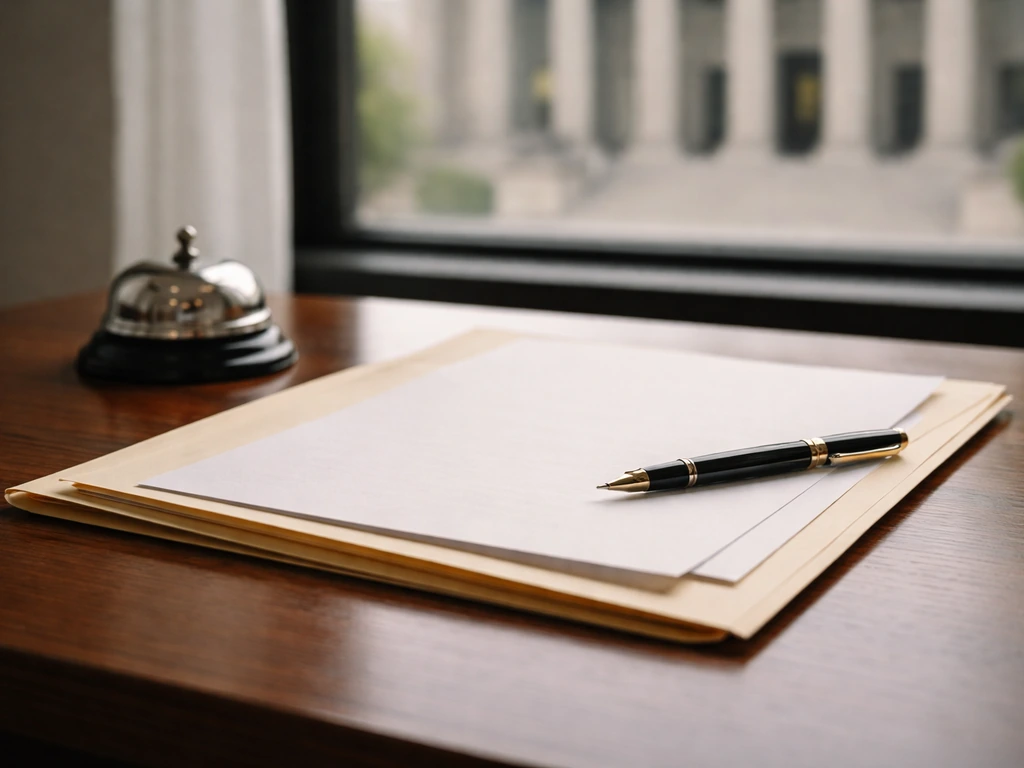 Open legal documents on a desk with a pen and desk bell, courthouse view through a window.