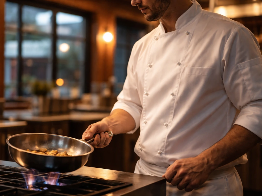 Upscale restaurant kitchen scene with an anonymous chef holding a sauté pan, warm Denver-style lighting.