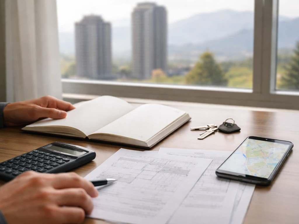 Analyst desk with calculator, blank notebook, property-record style papers, and smartphone map view.