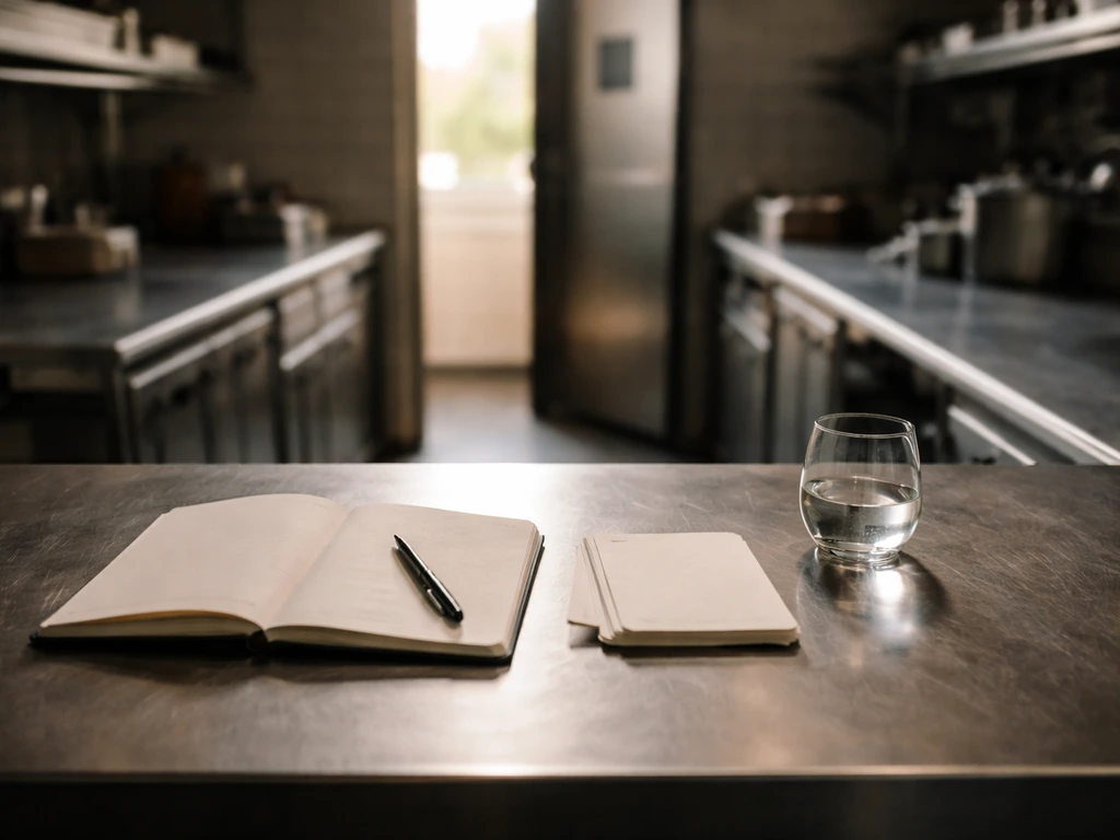 Empty fine-dining prep counter with notebook and blank cards, symbolizing early restaurant foundations.