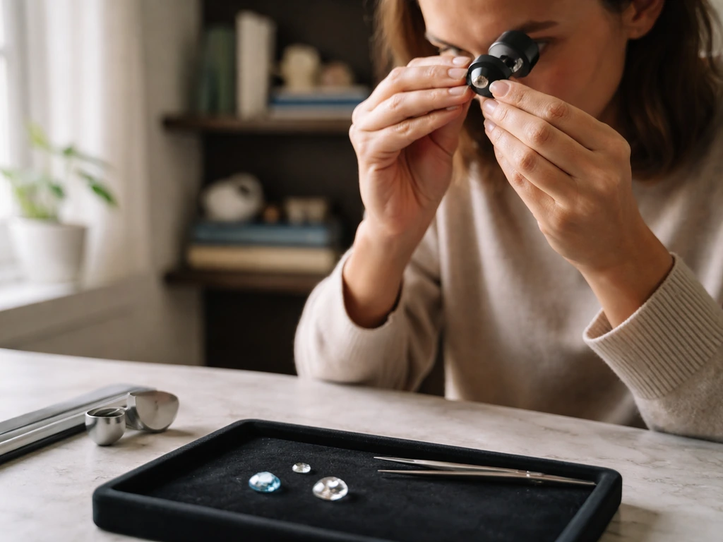 Anonymous gemologist at a quiet desk with gem tools and a laptop, representing a public gemology identity.