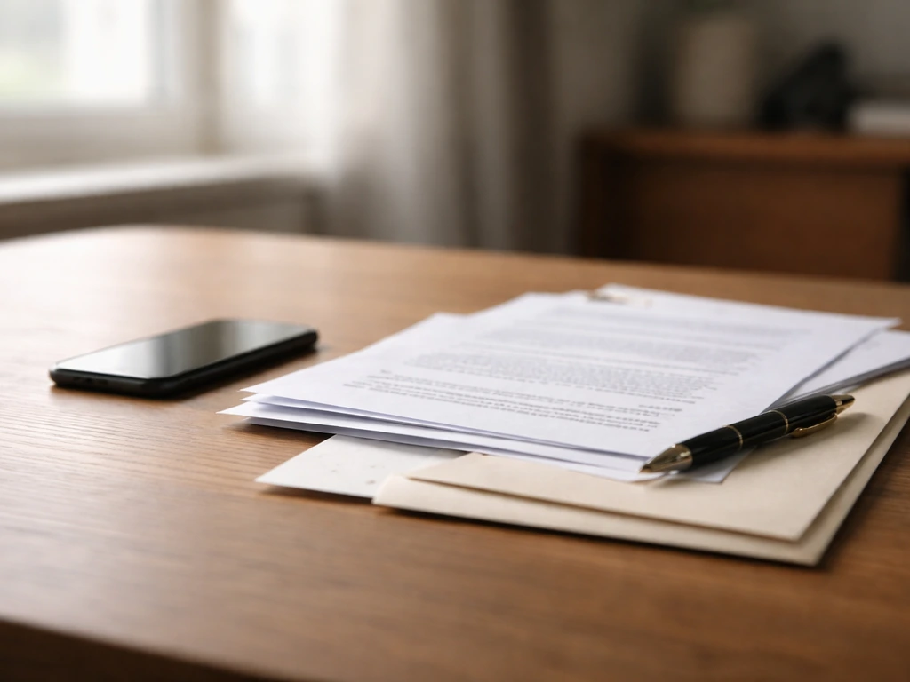 Minimal desk scene with blurred documents, a smartphone, and a pen symbolizing layered business verification