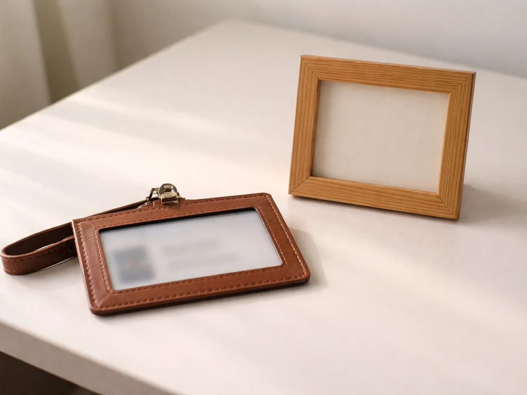 Close-up of a plain ID card holder with blurred names, plus a separate photo frame of an empty chair for contrast.