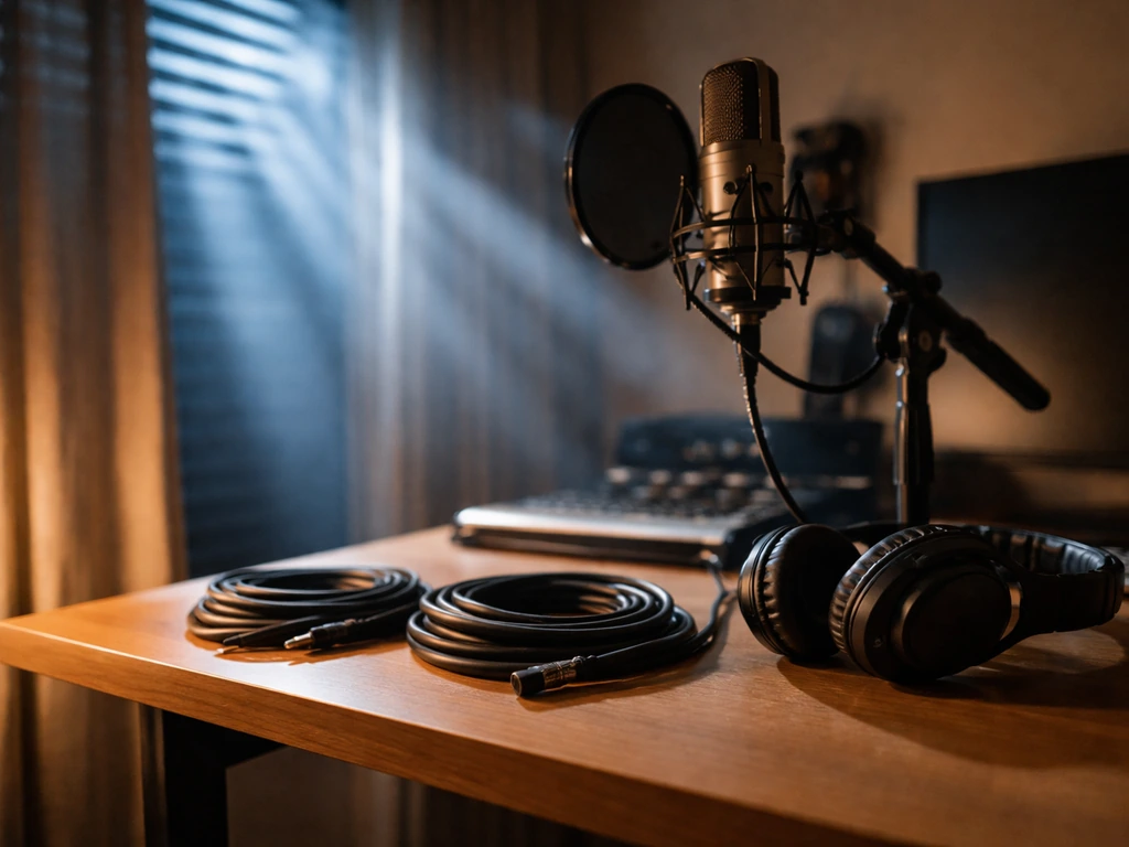 Minimal music-studio scene with microphone, headphones, cables, and soft stage lighting beams.