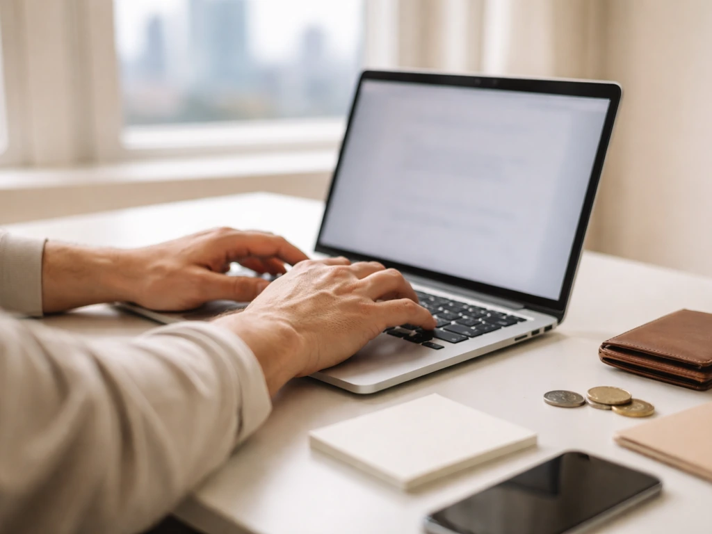 Minimal desk scene with laptop and open finance research notes, symbolizing verifying an online estimate.