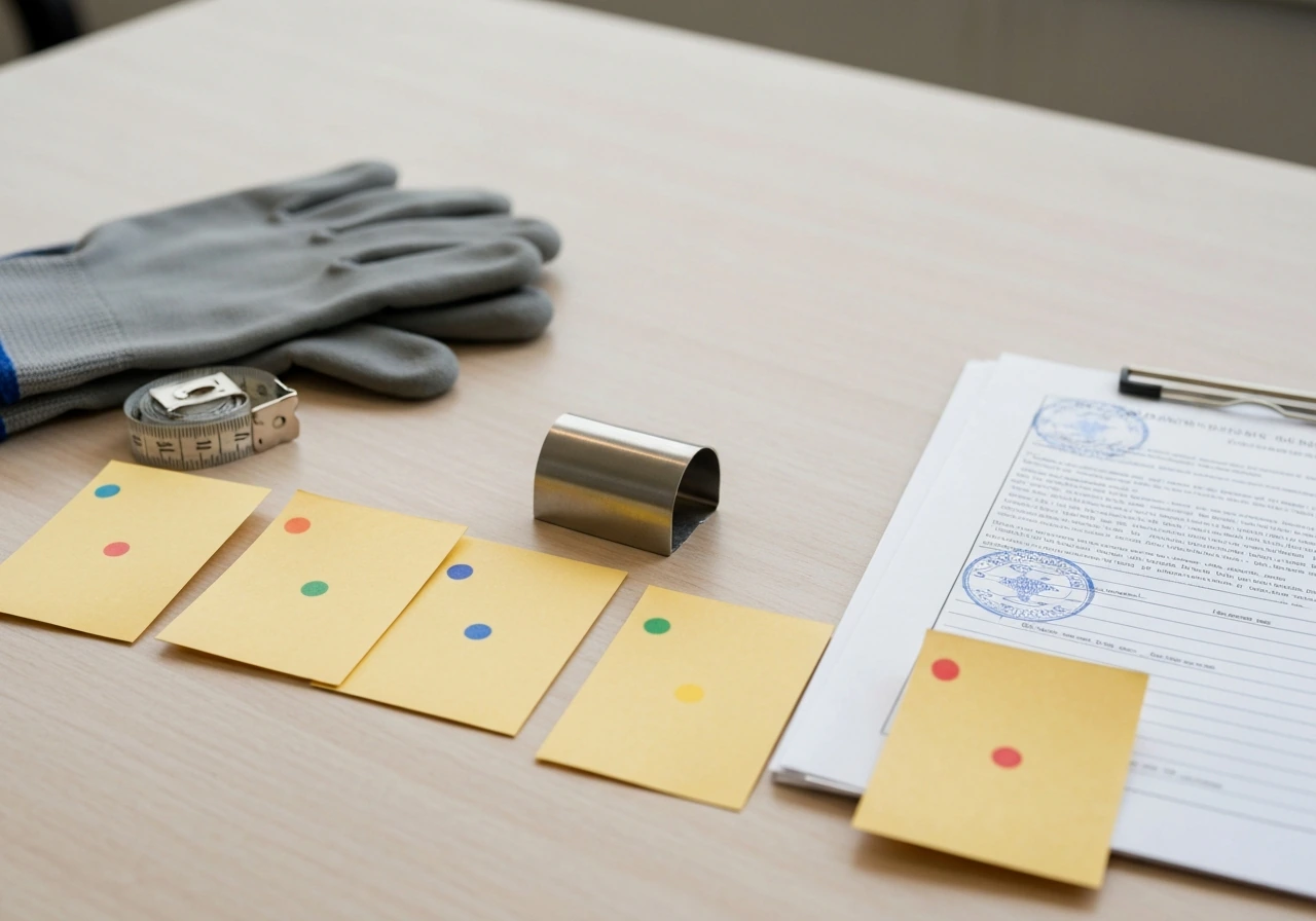 Tabletop with blurred courthouse papers, manila index cards with colored dots, and work gloves for disambiguation.