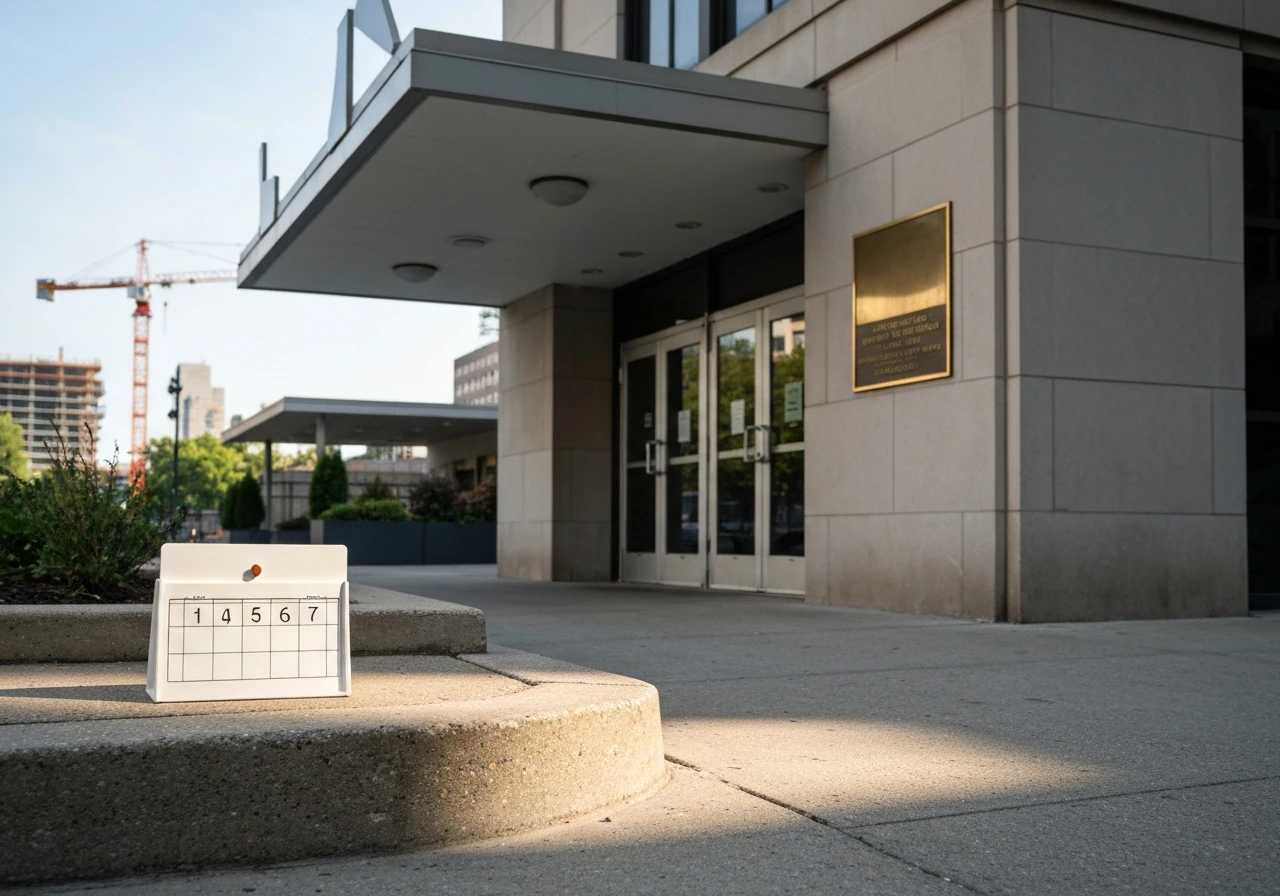 Quiet city union hall entrance with a simple marker sign and time-themed lighting, symbolic timeline backdrop