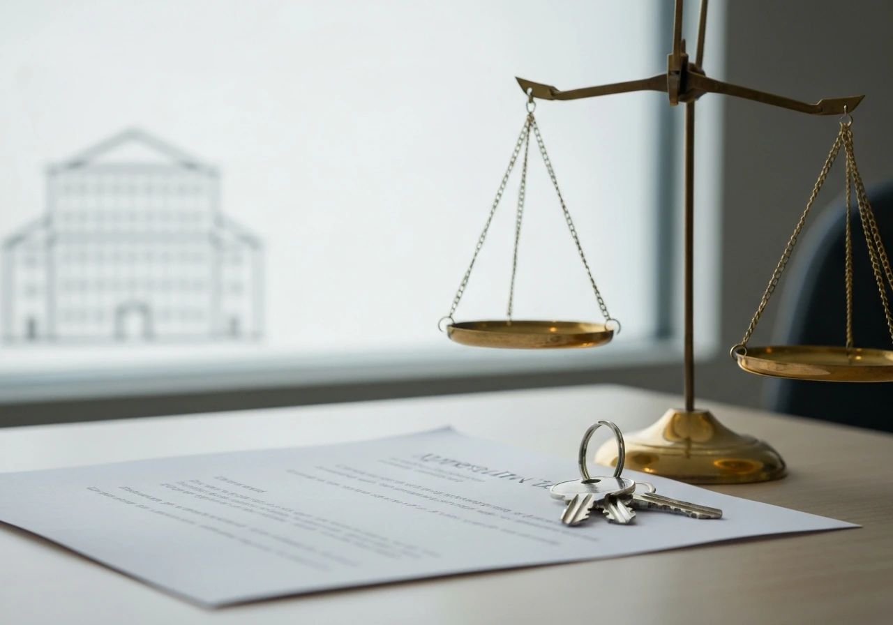 Close-up of a typed appraisal letter on a desk beside a brass scale and keys, symbolizing property valuation