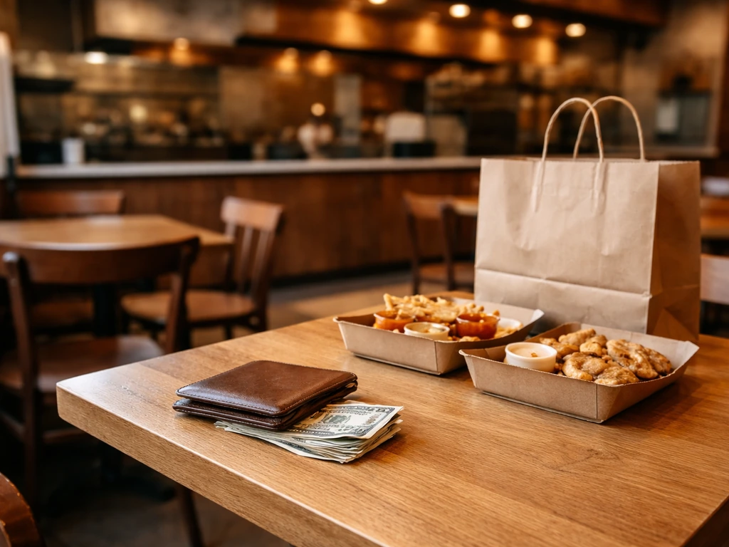 Minimal restaurant scene with money and a wallet on a table, symbolizing business and wealth calculation.