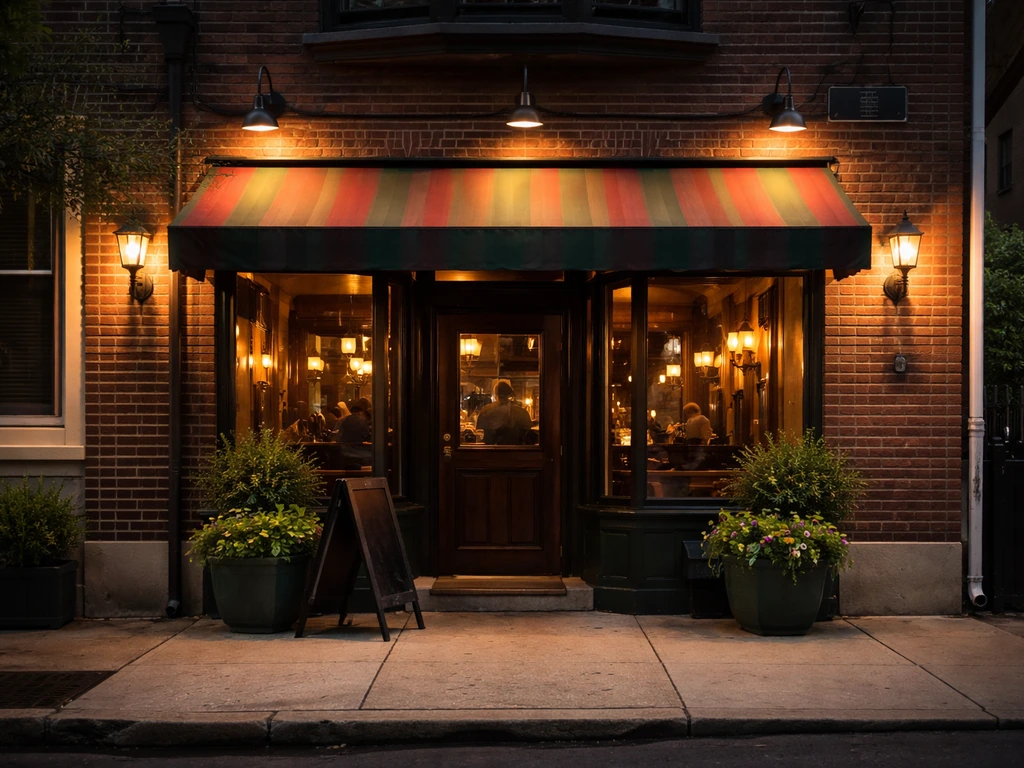 Quiet Philadelphia restaurant storefront exterior with a door and street scene suggesting private business wealth