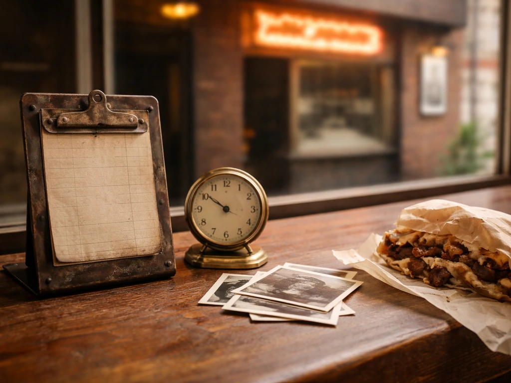 Vintage restaurant counter scene with a small clock, sepia photos, and a cheesesteak wrapper implying milestones.