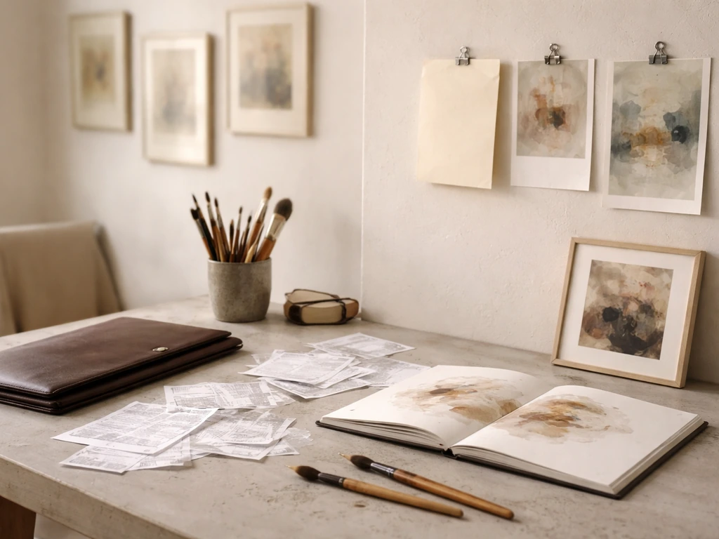 Art studio table with sketchbook, abstract artworks, and blank auction-style papers for net-worth estimation theme.