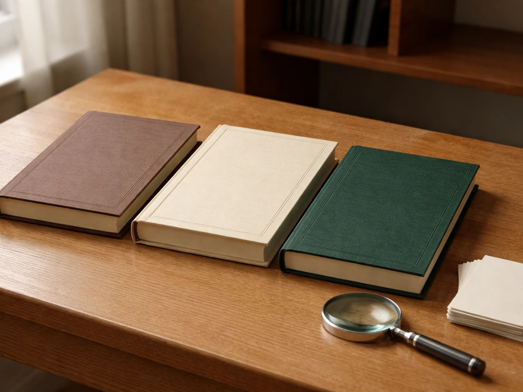 Three art catalog books and a magnifying glass on a wooden desk, suggesting verifying different identities.