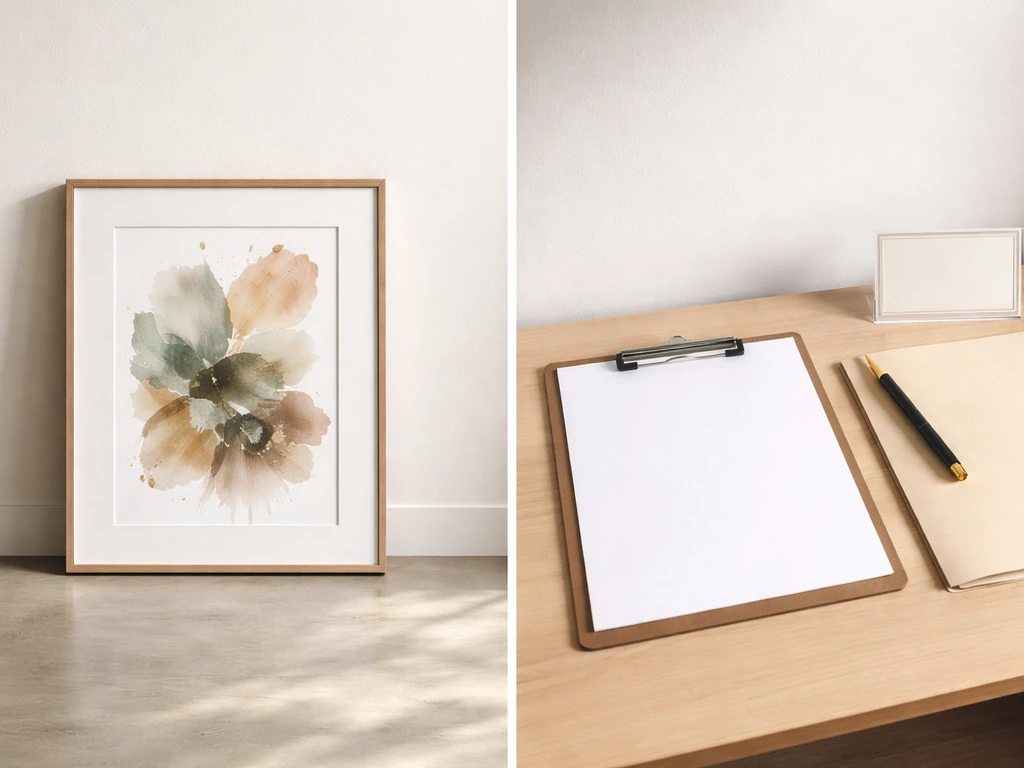 Minimal split-scene of gallery-ready framed artwork beside an empty licensing/commission setup on a desk