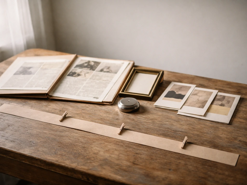 Minimal desk scene with press clippings and blank exhibition posters laid out like a timeline.