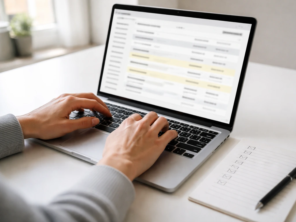 Person using a laptop to research auction price data, with a simple update checklist beside it