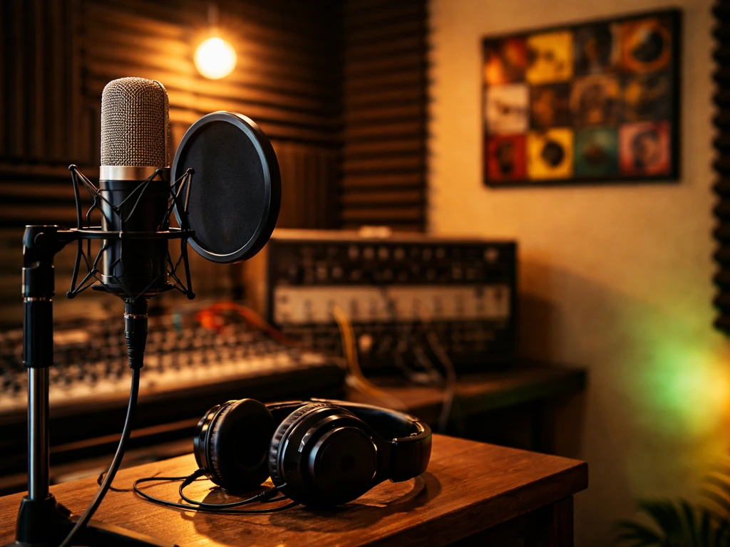 Reggae music studio desk with microphone and headphones, symbolizing music earnings and net-worth analysis