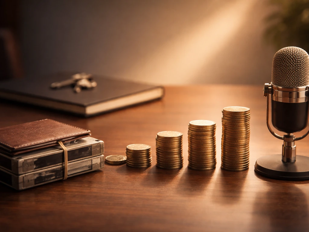 Minimal studio-and-office collage with wallet, microphone, coins escalating left to right to suggest net worth range.