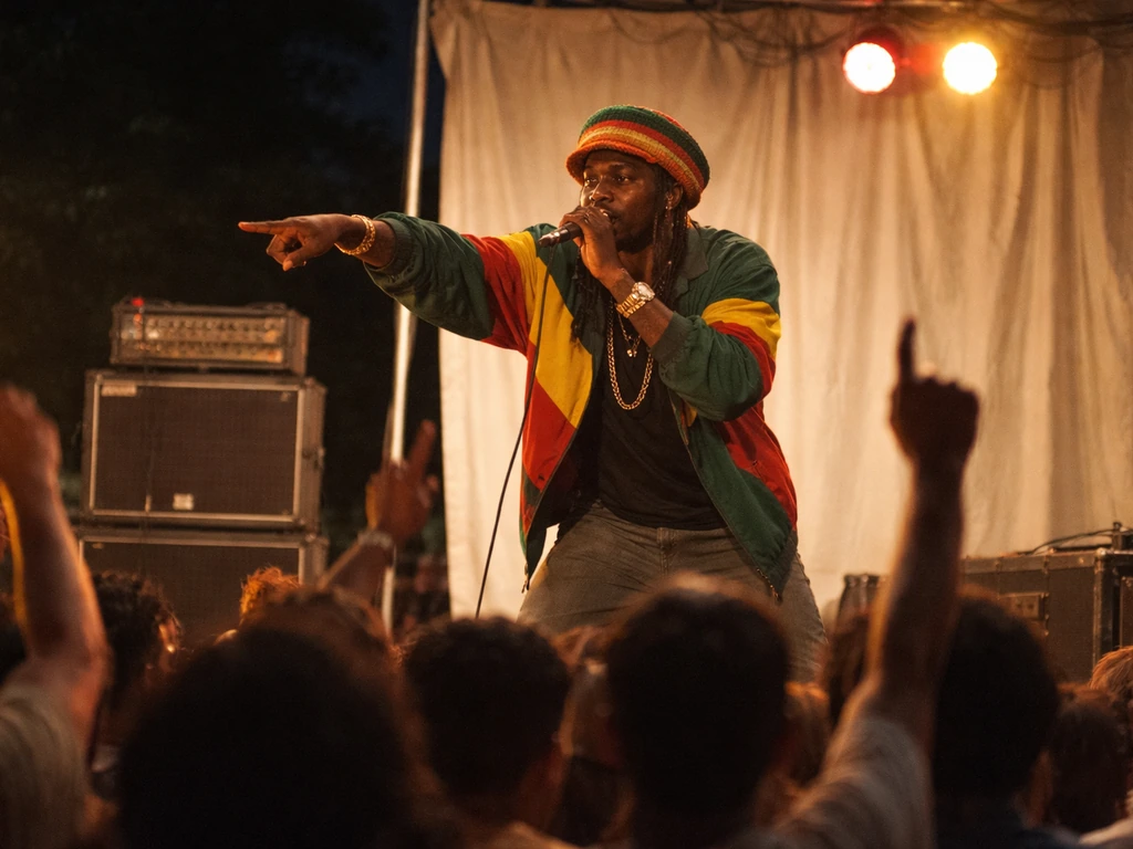Anonymous reggae performer on a small stage with warm lights while a crowd cheers at night