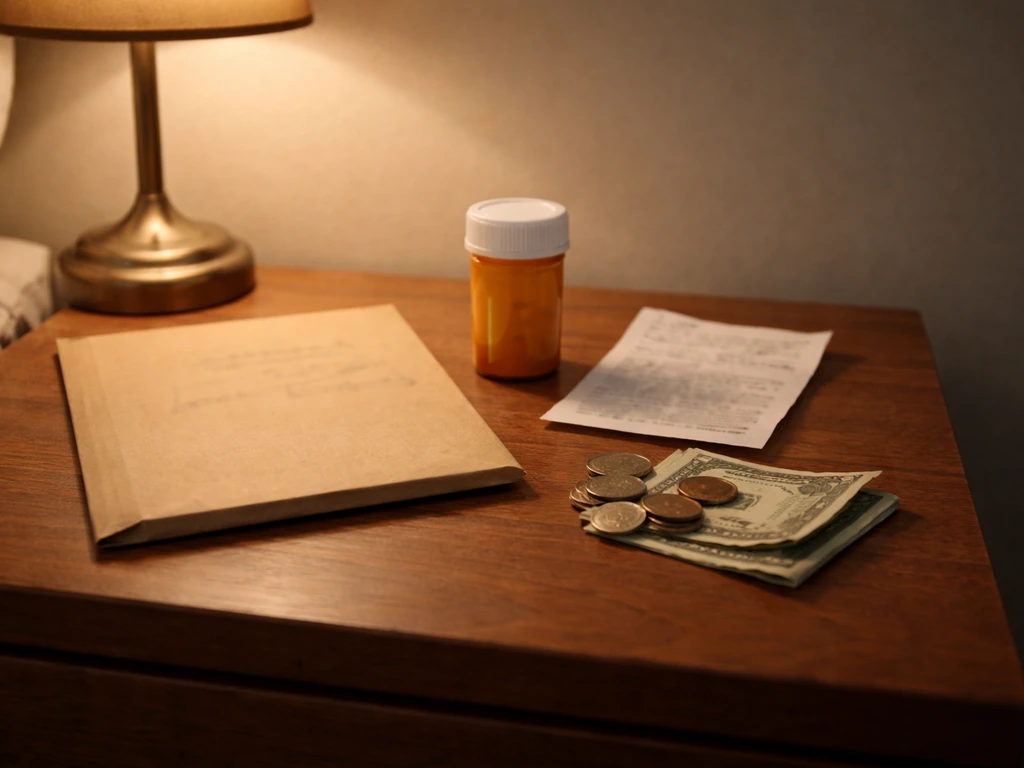 Minimal photo of a bedside medical bills envelope, pill bottle, and cash on a nightstand symbolizing late-life spending.