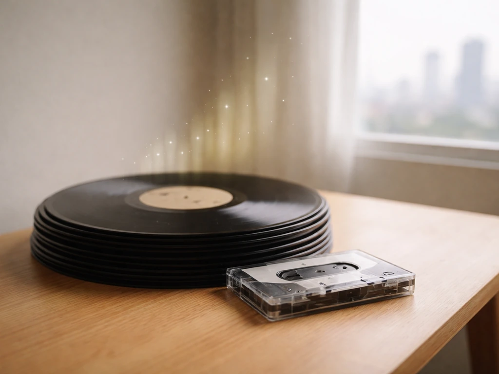 Minimal scene of vinyl records on a desk with a faint upward light suggesting streaming royalties growth.