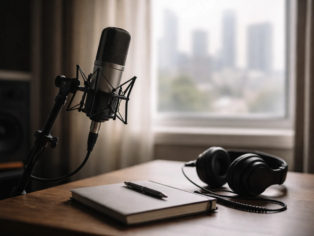 Recording studio desk with a microphone and headphones, symbolizing music career finances.