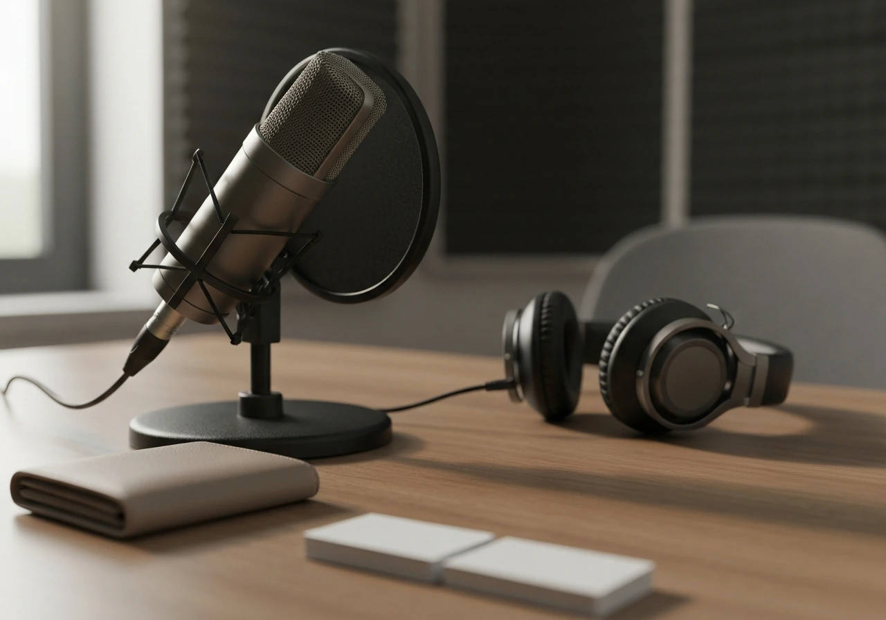 Studio desk with a microphone and headphones, suggesting a songwriter’s professional workspace.