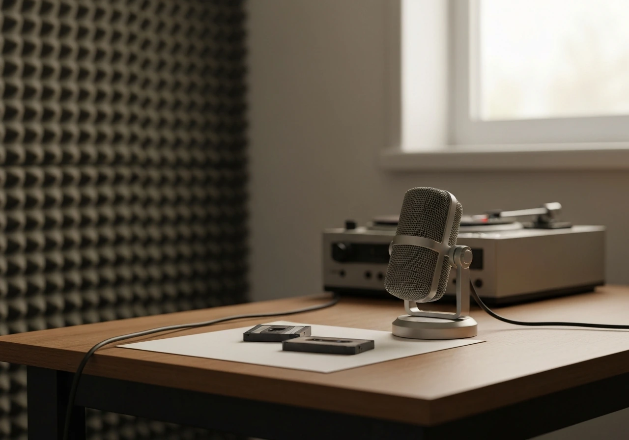 Vintage studio microphone and cassette tapes on a desk, evoking 1980s recording-era wealth origins.