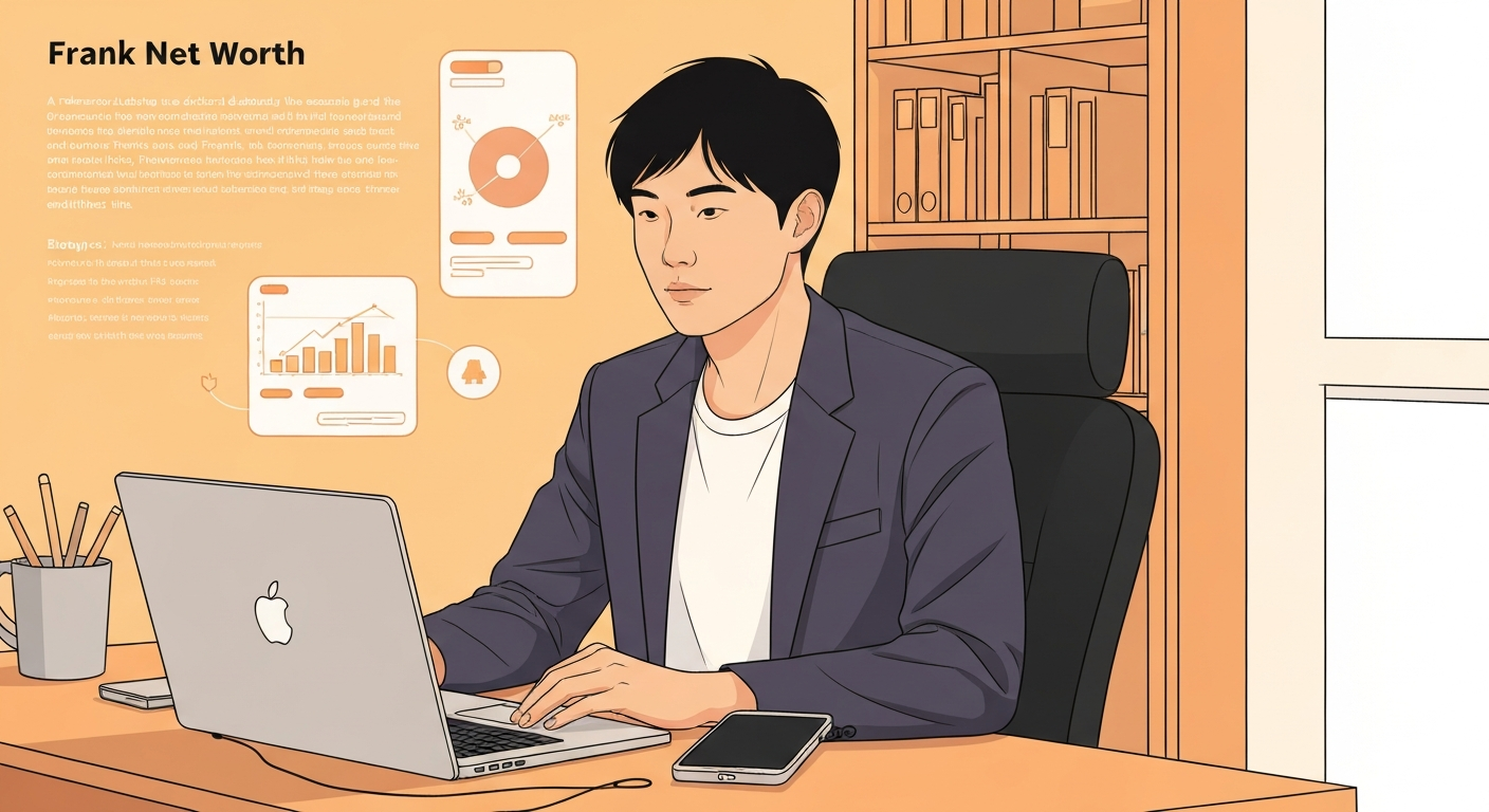 Illustration of a young Asian-Canadian tech founder in a home office with laptop, smartphone, and subtle charts in the background, representing a creator-founder profile.