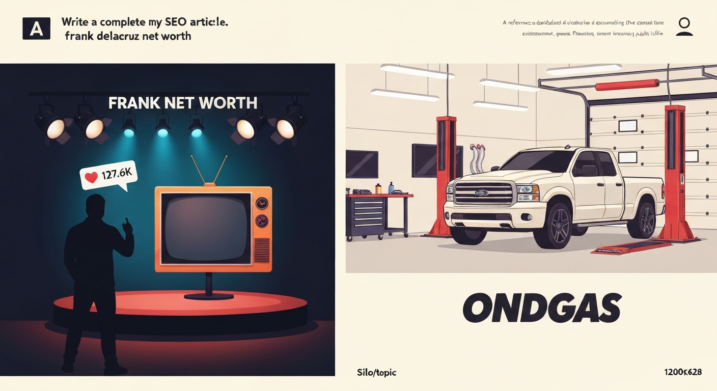 Stylized split-screen: abstract reality-TV silhouette with social icons (127.6K) on the left and a high-performance custom pickup in a garage with a fictional ONDGAS wordmark on the right.