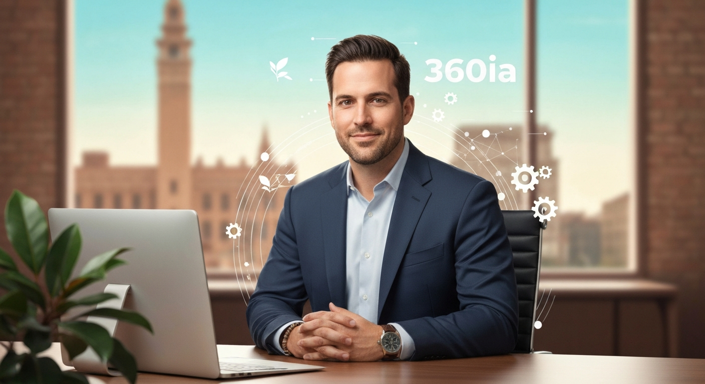 Stylized editorial portrait of a tech entrepreneur at a desk with AI and MarTech motifs, and a subtle 360ia wordmark — illustrative, non-photorealistic.