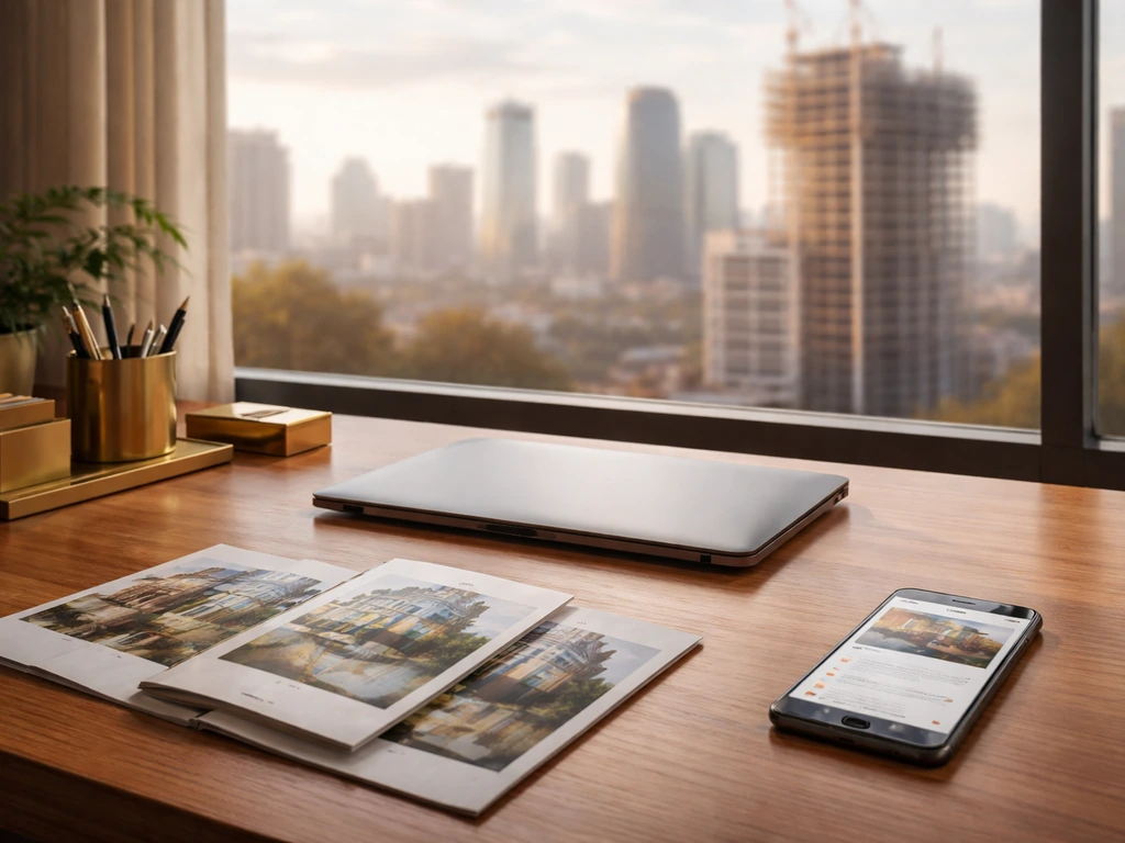 Minimal real-estate office desk by a window with a blurred skyline, cranes, and generic news on a phone.