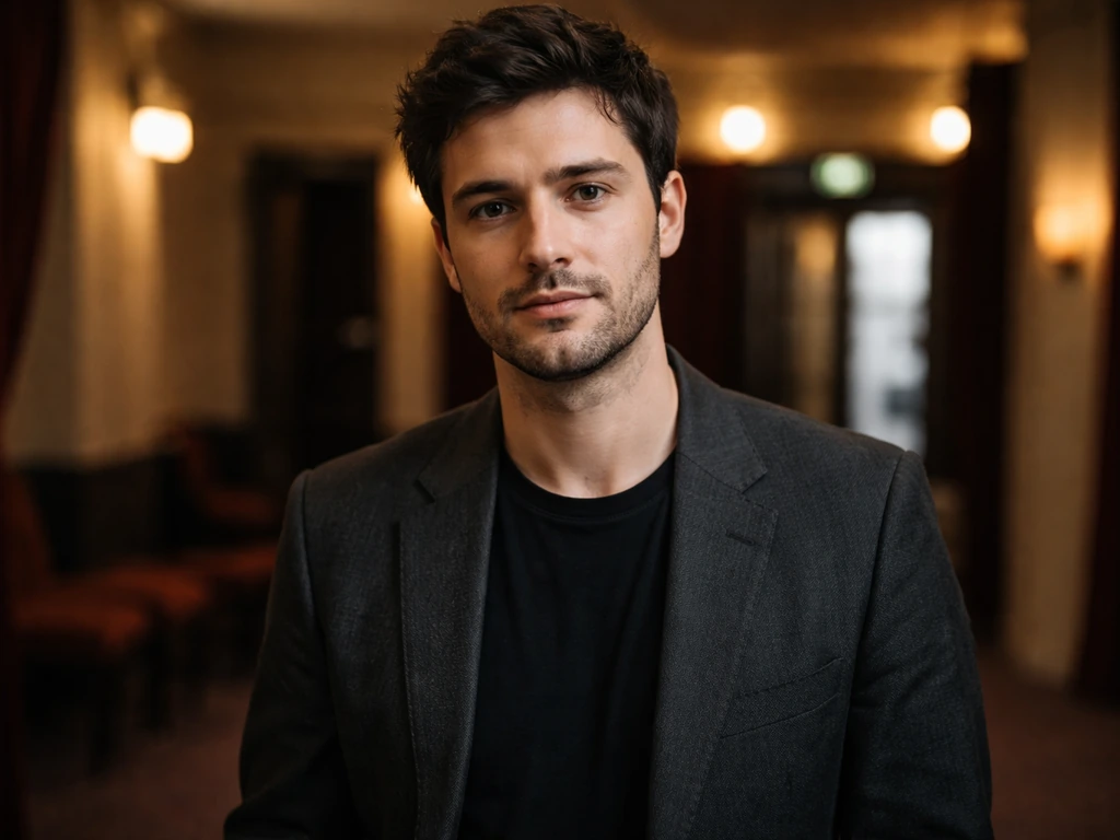 Fabien Frankel actor in a dim theater lobby background, natural candid portrait-like photo