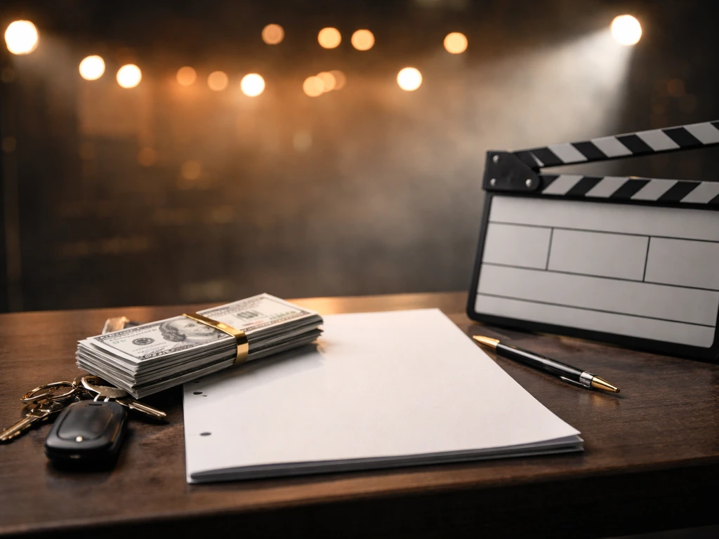 Blank script and clapperboard with warm stage lights and TV-credits-like bokeh backdrop, suggesting acting income.