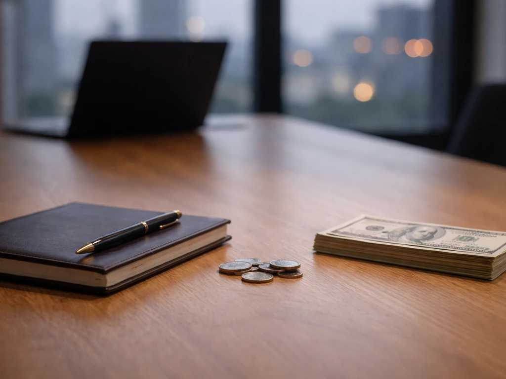 Minimal desk scene with scattered cash and a notebook, symbolizing net worth estimates without readable text.