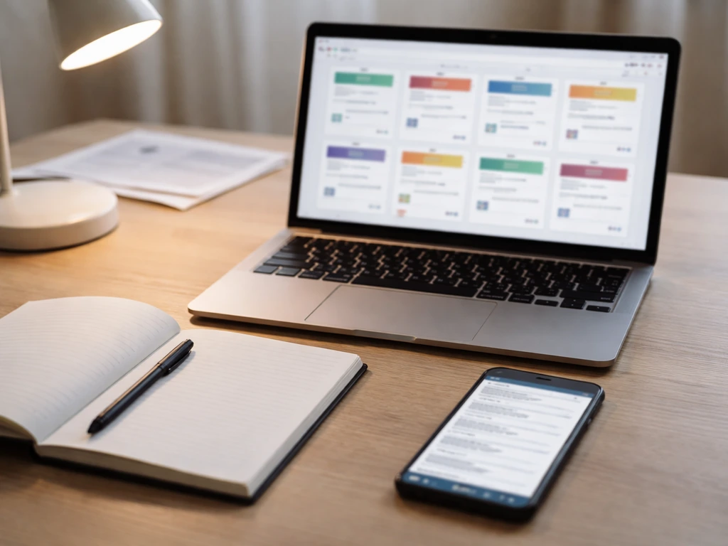 Minimal desk scene with a laptop and phone showing blurred finance/record search interfaces.